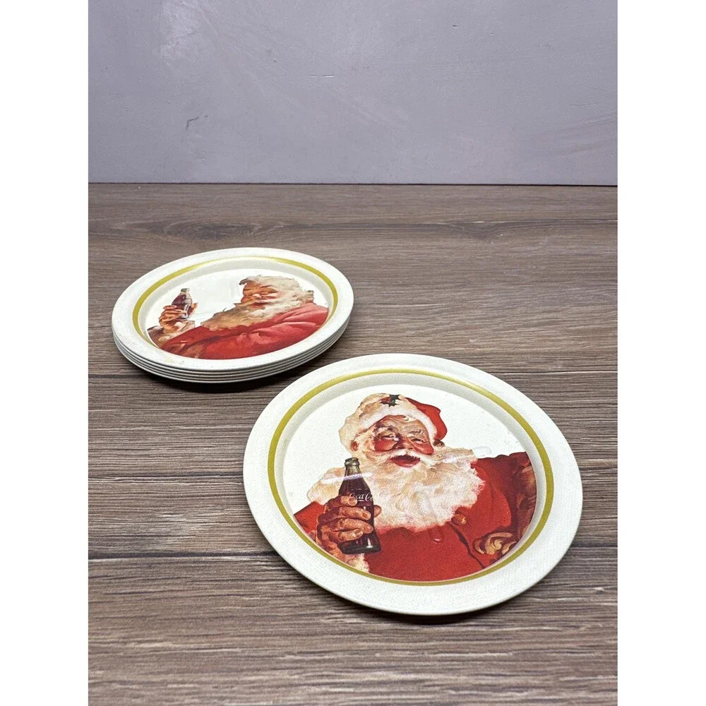 VTG 1983 Ohio Art Metal Coca Cola Santa Coasters Set of 6 Holiday Retro Barware